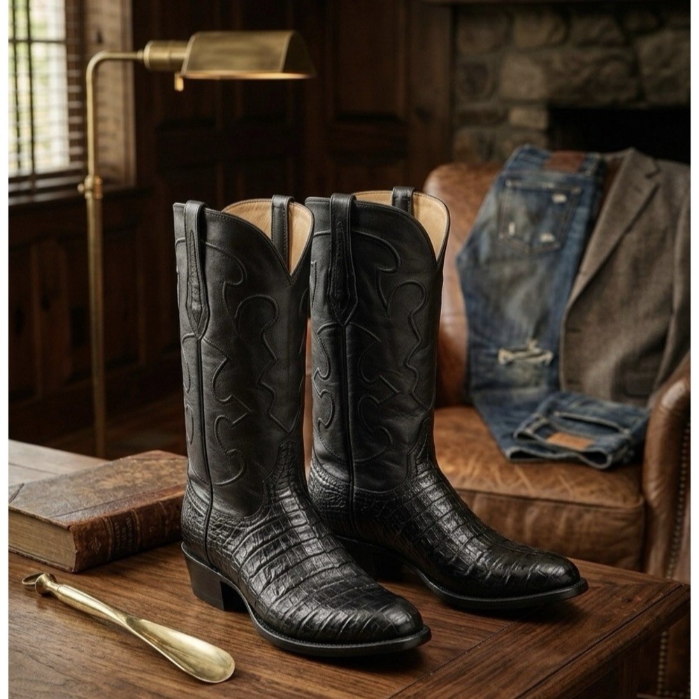 Lucchese Classics Black Caiman Belly Crocodile Western Cowboy Boots Men's 9.5 EE